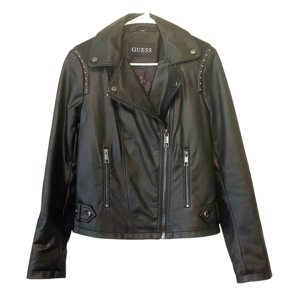 Guess Women's Black Faux Leather Motorcycle Jacket Asymmetrical Size‎ Small
